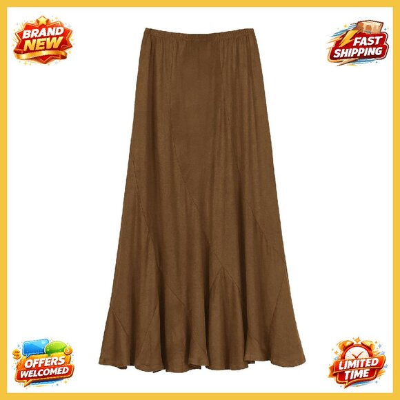 Faux Suede Midi Skirt Elastic Waist A-Line Flowy Fall Winter Chic Minimal